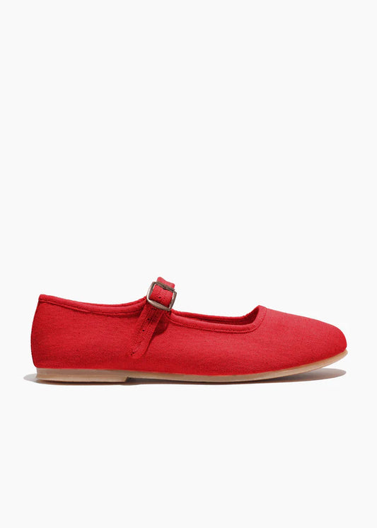 Red  Mary Jane  shoes made with up-cycled fabric.